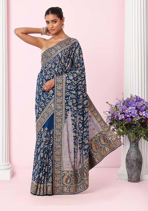 Teal Floral Paisley Zari Embroidered Saree With Blouse