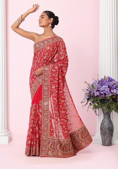 Hot Pink Floral Paisley Zari Embroidered Saree With Blouse