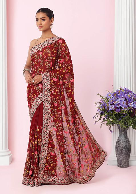 Maroon Multicolour Floral Kashida Embroidered Saree With Blouse