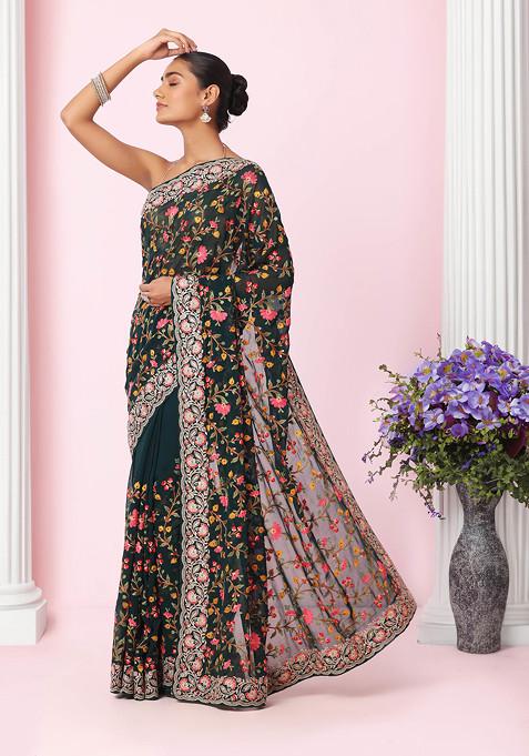 Deep Green Multicolour Floral Kashida Embroidered Saree With Blouse