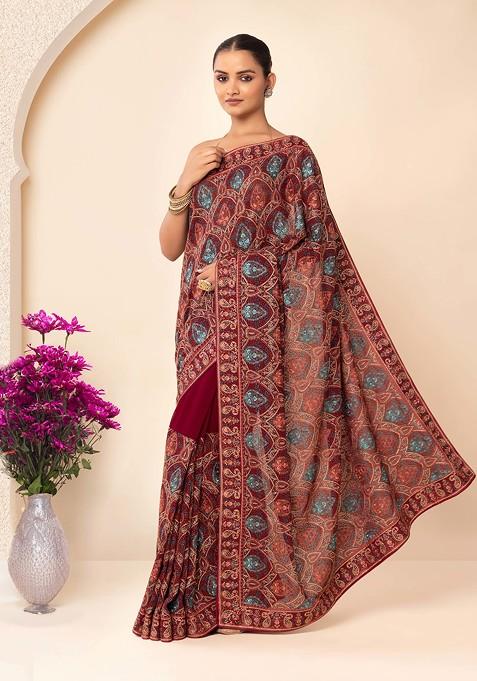Maroon Dual Thread Scallop Embroidered Saree With Blouse
