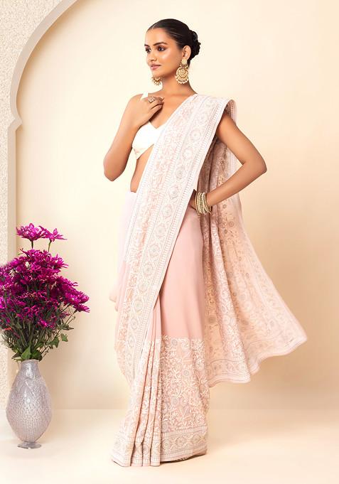 Peach And White Floral Thread Embroidered Saree With Blouse