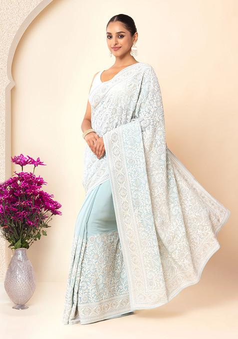 Sage Green And White Floral Thread Embroidered Saree With Blouse