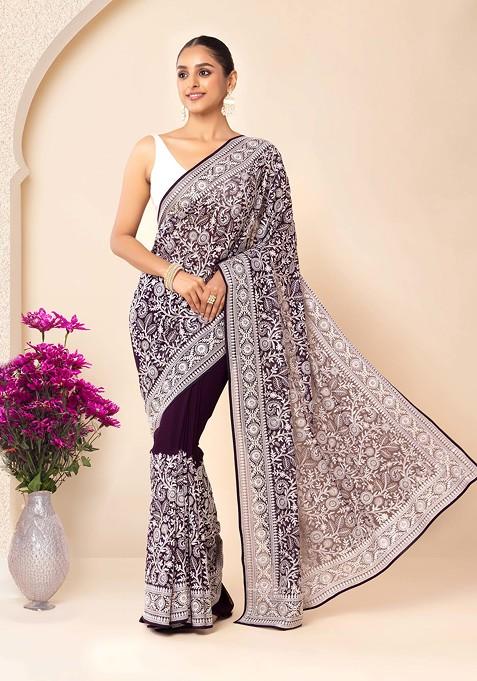 Wine And White Floral Thread Embroidered Saree With Blouse