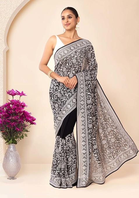 Black And White Floral Thread Embroidered Saree With Blouse