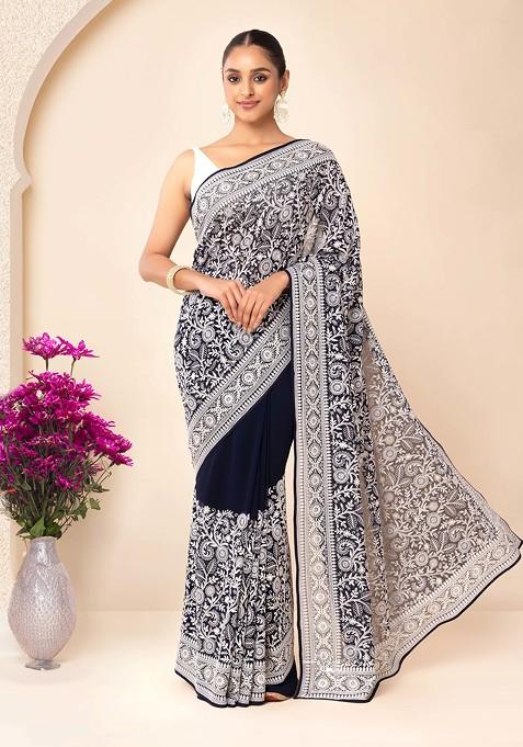 Navy Blue And White Floral Thread Embroidered Saree With Blouse