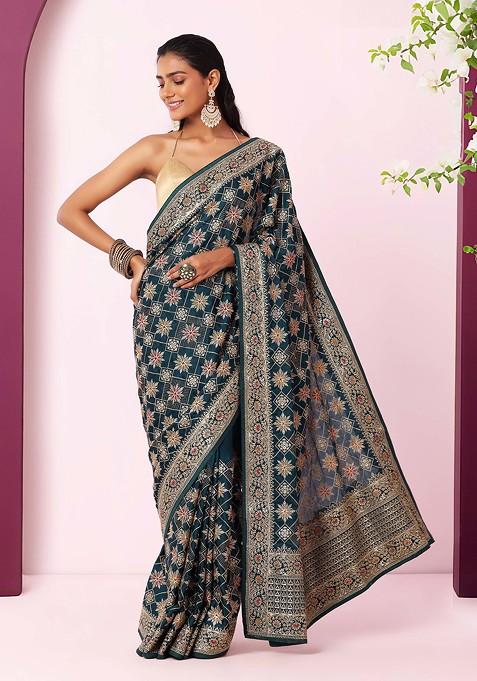 Deep Green Zari And Thread Floral Geometric Embroidered Saree With Blouse