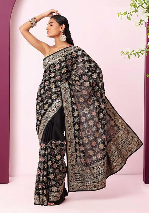 Black Zari And Thread Floral Geometric Embroidered Saree With Blouse