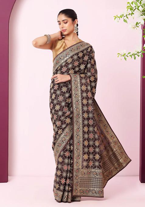 Brown Zari And Thread Floral Geometric Embroidered Saree With Blouse