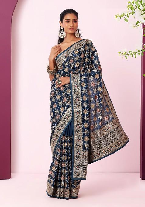 Teal Zari And Thread Floral Geometric Embroidered Saree With Blouse