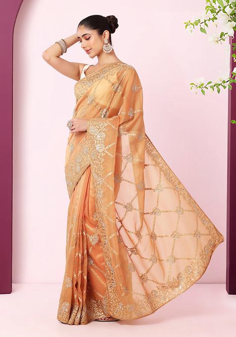 Yellow Floral Zari And Thread Embroidered Saree With Blouse