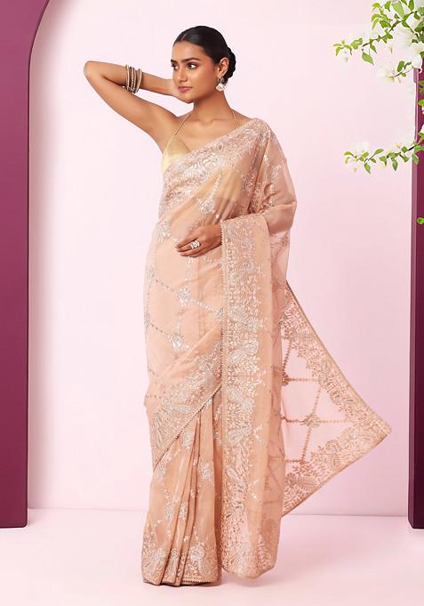 Blush Floral Zari And Thread Embroidered Saree With Blouse