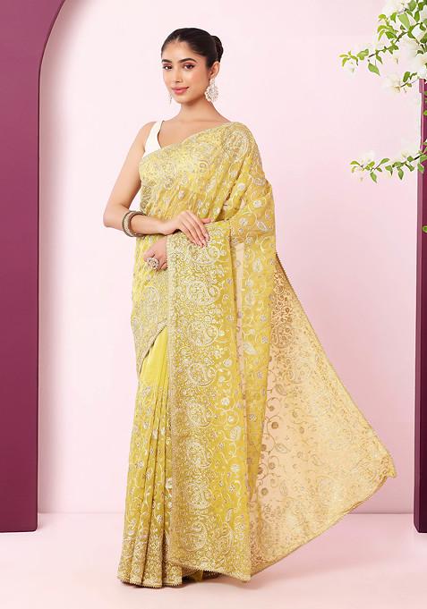Light Green Zari And Thread Paisley Embroidered Saree With Blouse
