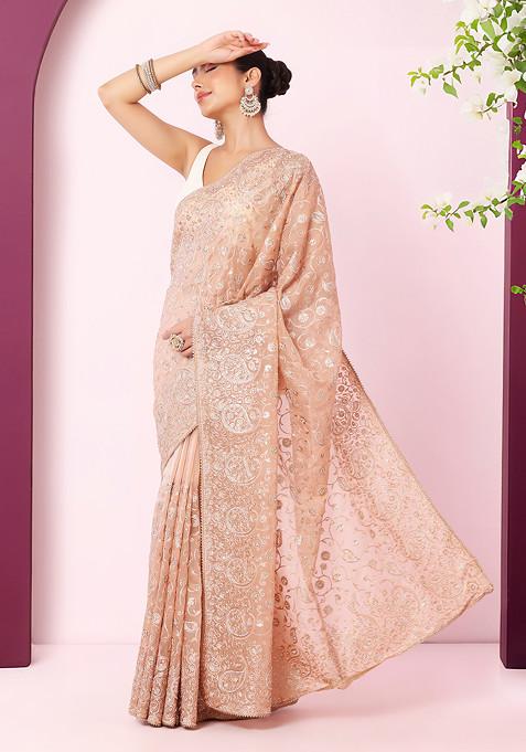 Blush Zari And Thread Paisley Embroidered Saree With Blouse