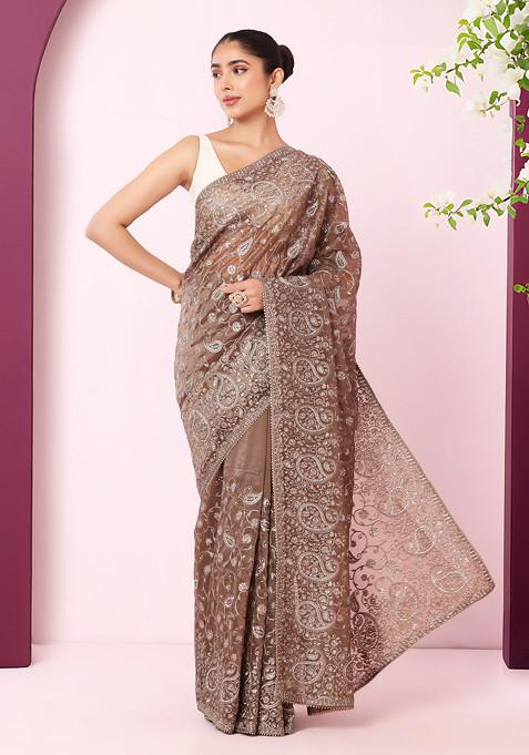 Grey Zari And Thread Paisley Embroidered Saree With Blouse