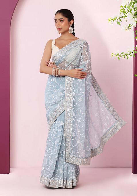 Powder Blue Floral Jaal Thread Embroidered Organza Saree With Blouse