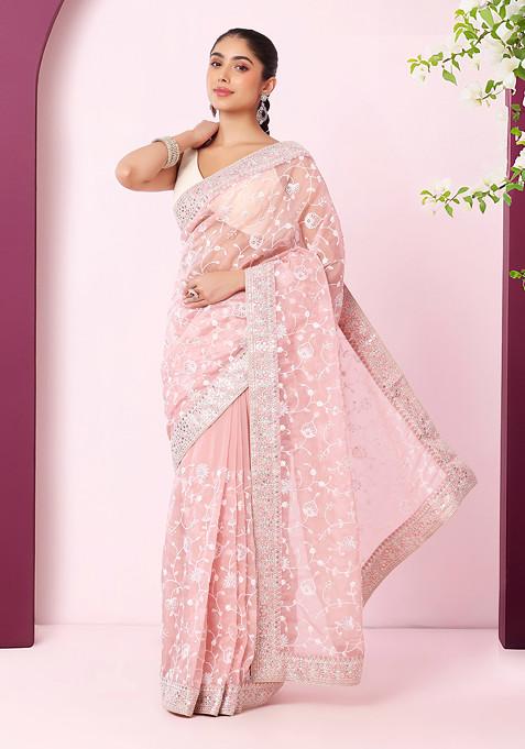 Pastel Pink Floral Jaal Thread Embroidered Organza Saree With Blouse