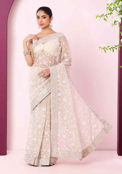 Peach Floral Jaal Thread Embroidered Organza Saree With Blouse