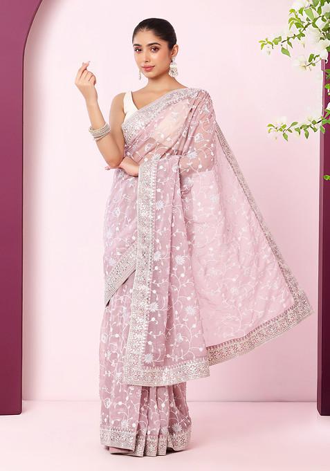 Lavender Floral Jaal Thread Embroidered Organza Saree With Blouse