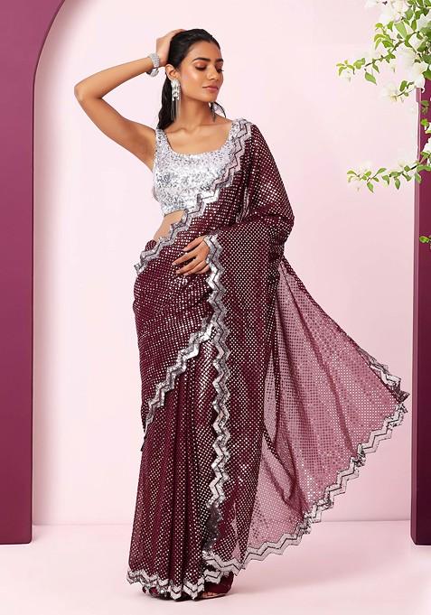 Wine Tonal Silver Sequin Embroidered Saree With Blouse