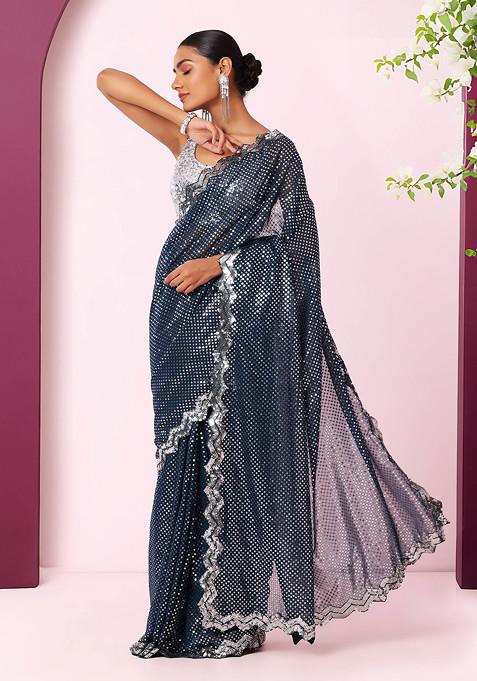 Teal Tonal Silver Sequin Embroidered Saree With Blouse
