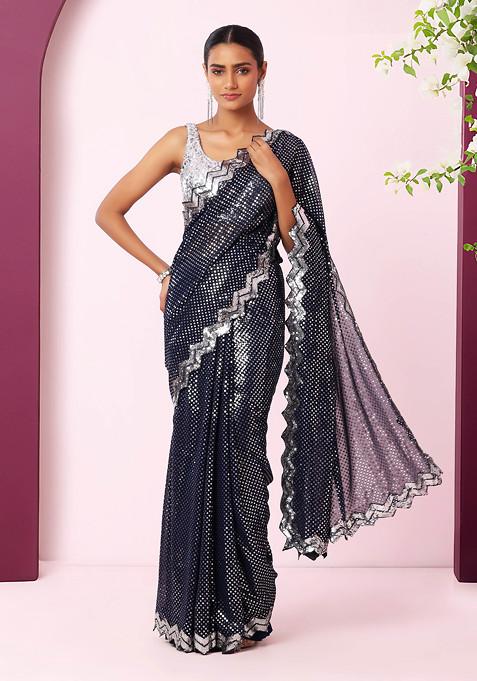 Navy Blue Tonal Silver Sequin Embroidered Saree With Blouse