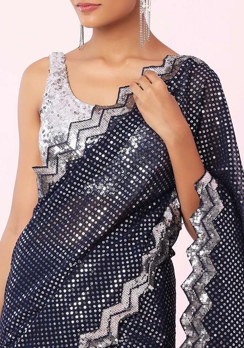 Black All-Over Sequin Saree with Tonal Embroidered Border and Fringe Pallu main image 0