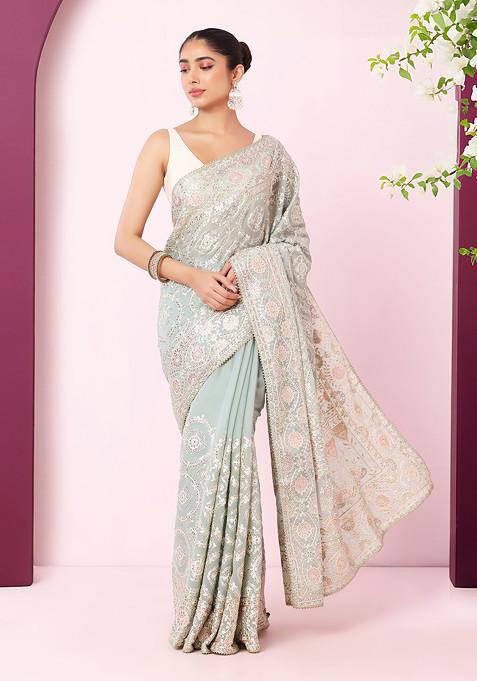 Sage Green Tonal Thread And Zari Embroidered Saree With Blouse
