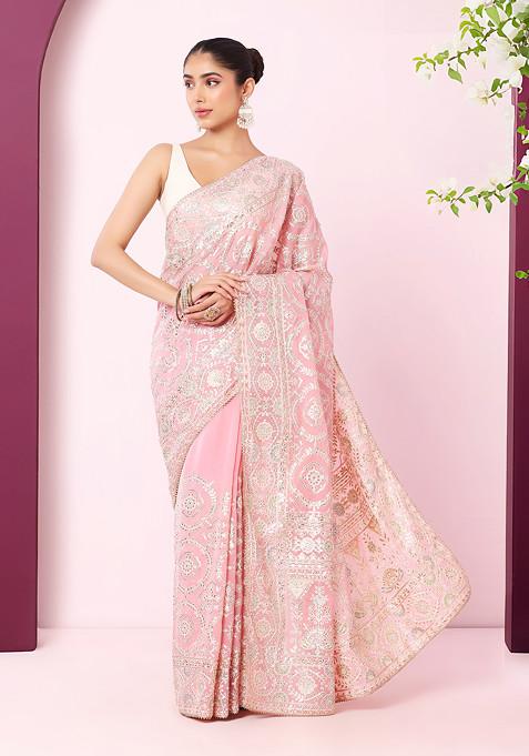 Light Pink Tonal Thread And Zari Embroidered Saree With Blouse