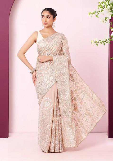 Light Grey Tonal Thread And Zari Embroidered Saree With Blouse