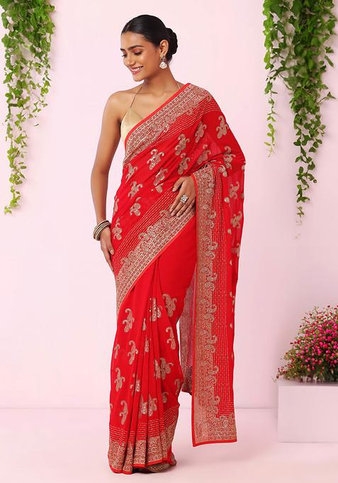 Red Paisley Boota Zari Embroidered Saree With Blouse