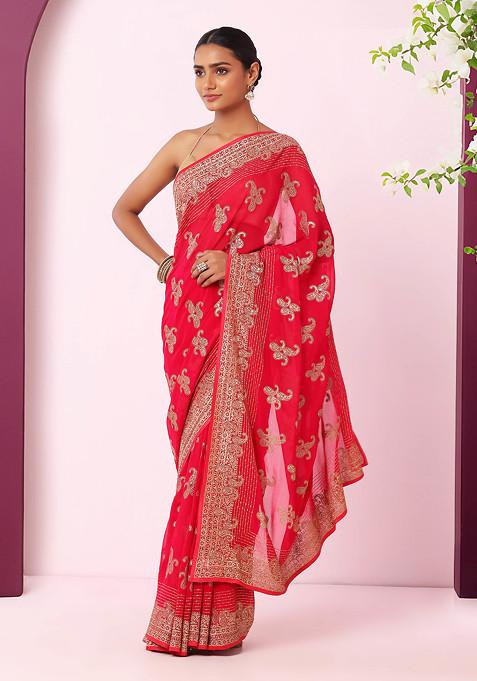 Hot Pink Paisley Boota Zari Embroidered Saree With Blouse