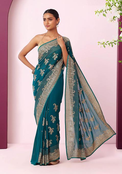 Forest Green Paisley Boota Zari Embroidered Saree With Blouse