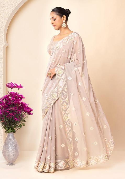 Blush Thread And Zari Abstract Embroidered Saree With Blouse