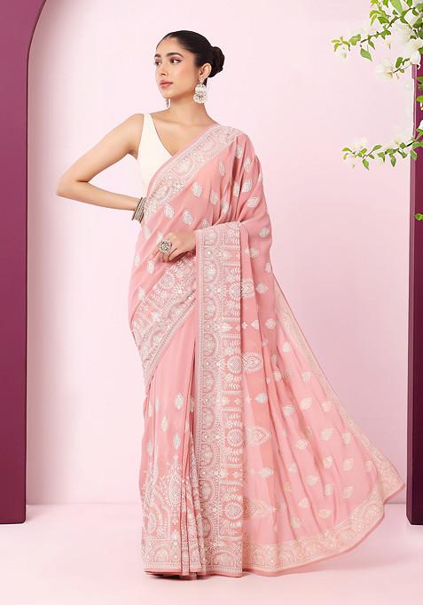Pink Floral Boota Thread Embroidered Saree With Blouse