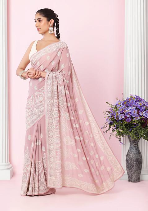 Lavender Floral Boota Thread Embroidered Saree With Blouse