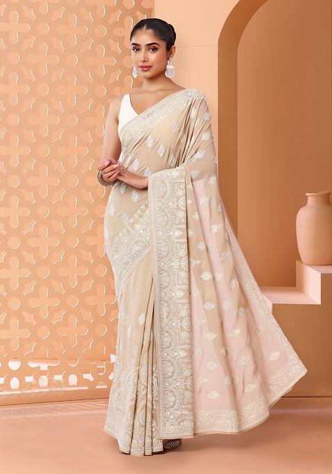 Light Grey Floral Boota Thread Embroidered Saree With Blouse