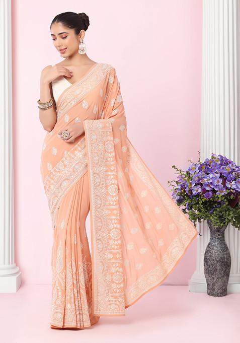 Peach Floral Boota Thread Embroidered Saree With Blouse
