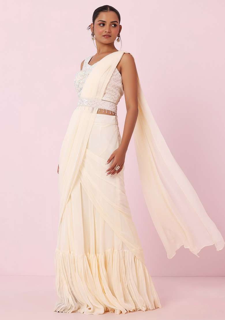 Ivory Ruffled Pre-Stitched Saree Set With Abstract Sequin Embroidered Blouse And Belt - Indya