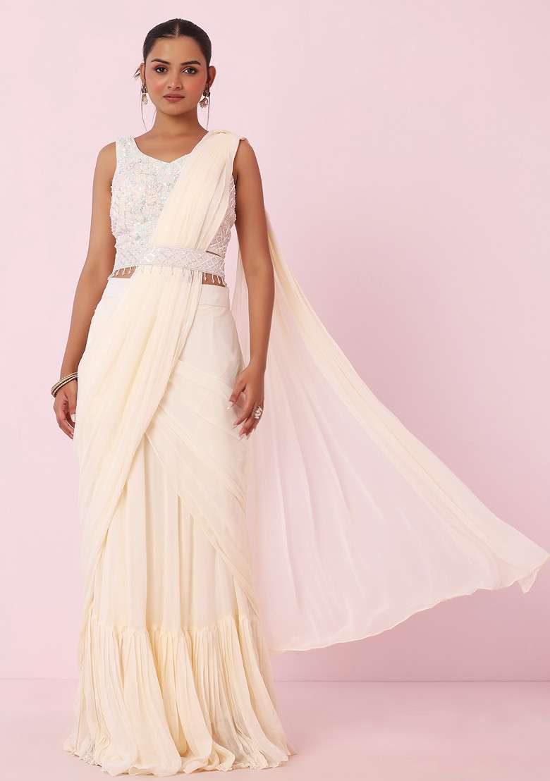 Ivory Ruffled Pre-Stitched Saree Set With Abstract Sequin Embroidered Blouse And Belt - Indya