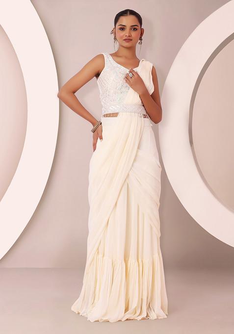 Ivory Ruffled Pre-Stitched Saree Set With Abstract Sequin Embroidered Blouse And Belt