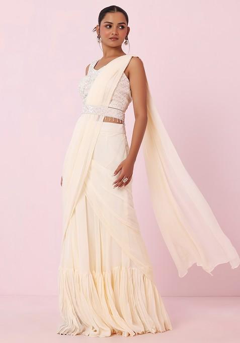 Draped Ruffled Pre-stitched Saree with Velvet Sequin Embellished Crop Top Blouse