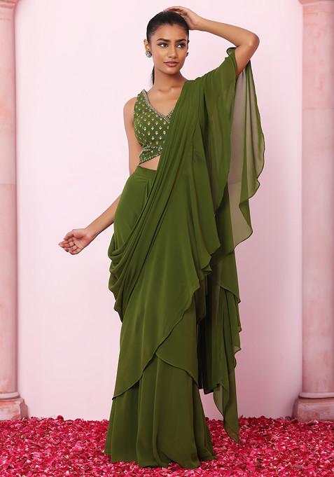 Sap Green Pre-Stitched Saree Set With Hand Embroidered Blouse