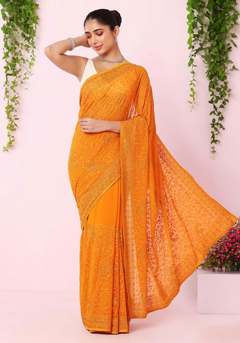 Orange Tonal Floral Thread Embroidered Saree With Blouse