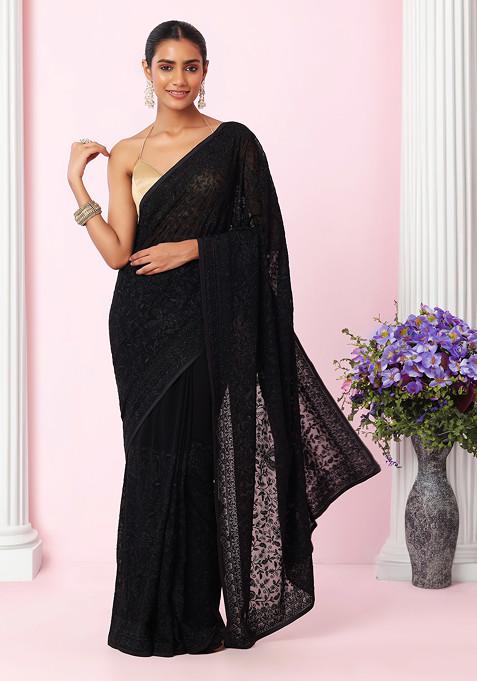 Black Tonal Floral Thread Embroidered Saree With Blouse