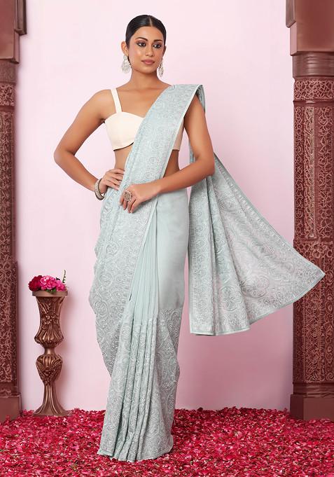 Powder Blue Tonal Floral Thread Embroidered Organza Saree With Blouse