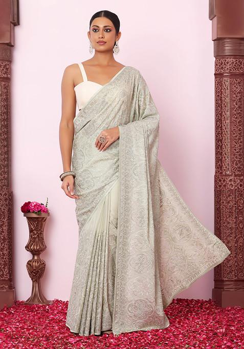 Sage Green Tonal Floral Thread Embroidered Organza Saree With Blouse