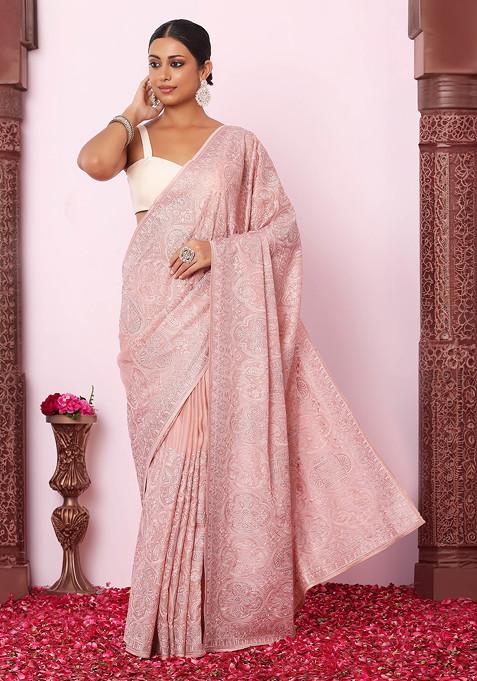 Blush Tonal Floral Thread Embroidered Organza Saree With Blouse