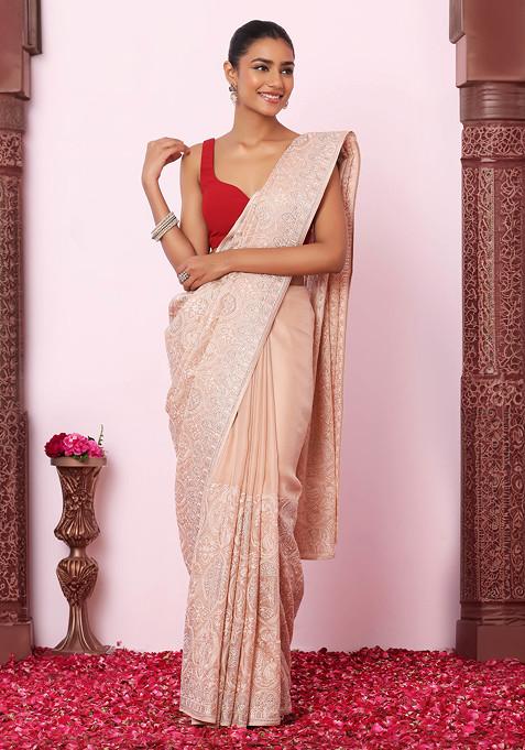 Peach Tonal Floral Thread Embroidered Organza Saree With Blouse