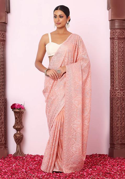Light Pink Tonal Floral Thread Embroidered Organza Saree With Blouse